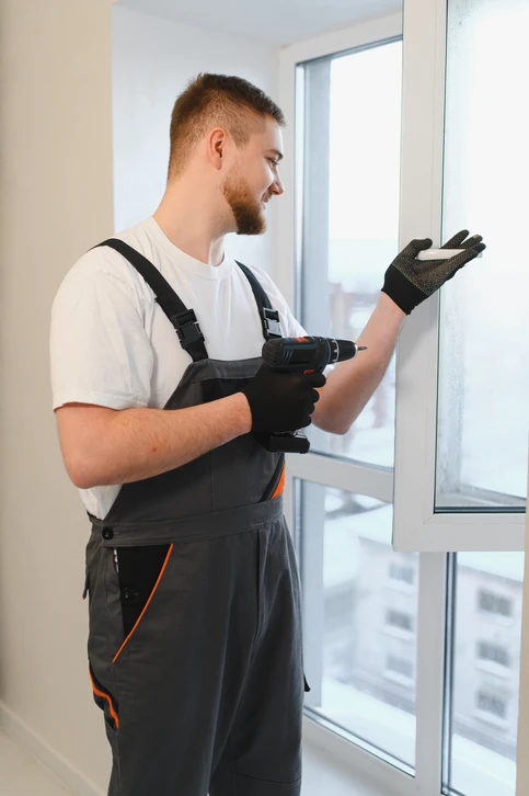 Deux ouvriers en uniformes bleu marine et casques blancs installent une fenêtre PVC double battant dans un mur intérieur blanc